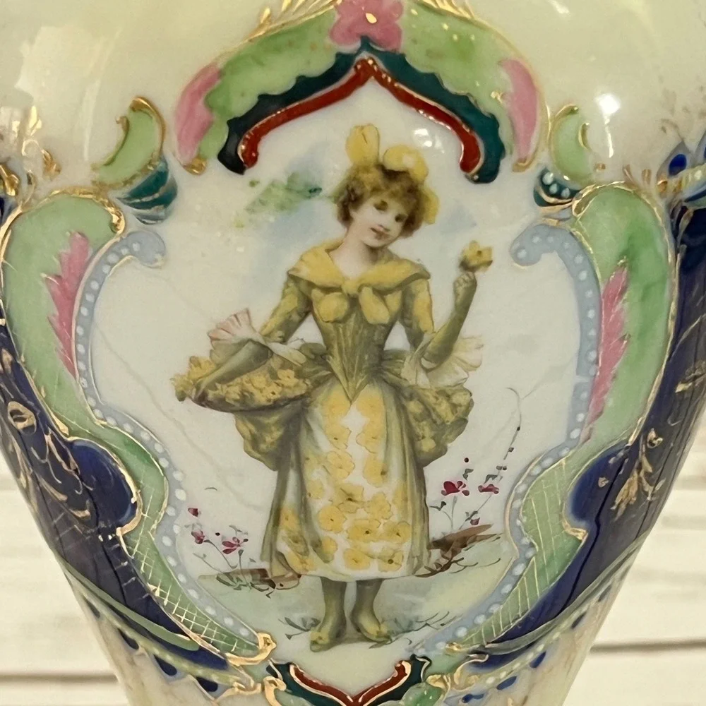 Porcelain Vase Cobalt Blue Gold Gilt Portrait Floral 9.25in